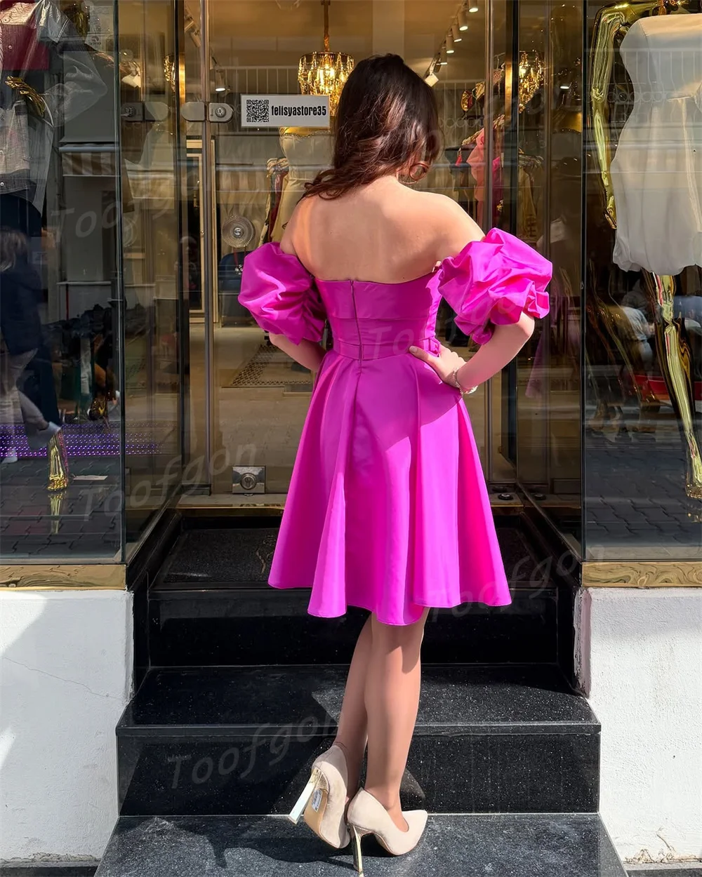 Toofgon Fuchsia Short Evening Dresses Elegant Satin A Line Formal Party Gowns Customized Women Knee Length Homecoming Dress
