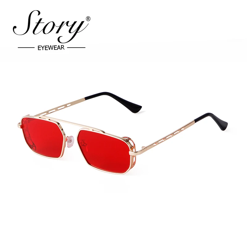 STORY Fashion Vintage Rectangle Steam Punk Sunglasses Men Women 2022 Brand Designer Retro Trendy Red Lens Sun Glasses Male S3550