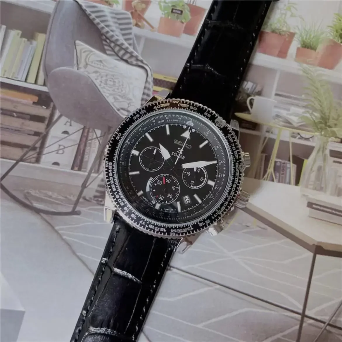 ساعة سيكو الفاخرة للرجال موضة ستانلس ستيل متعددة الوظائف كرونوغراف ثلاث عيون 6 أيدي علوية ساعة كوارتز جلدية على مدار الساعة