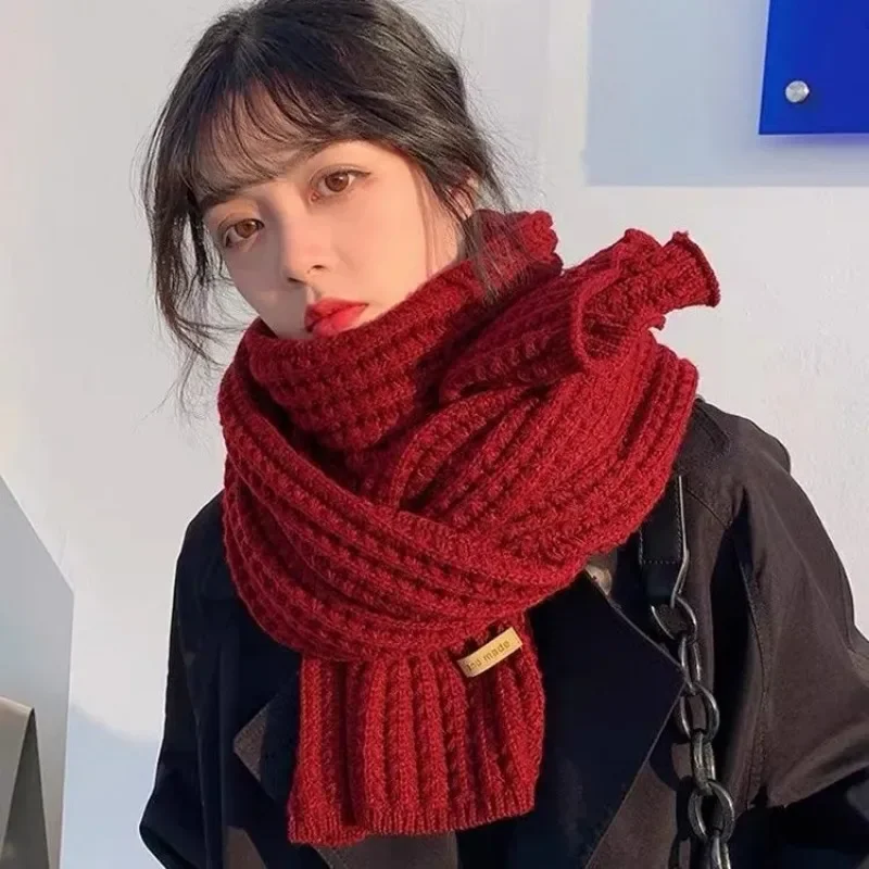 

Winter Wine Red Warm Knitted Scarf Women's Solid Color Simple Casual Commuting Preppy Style Couple Japanese Korean Fashion E567