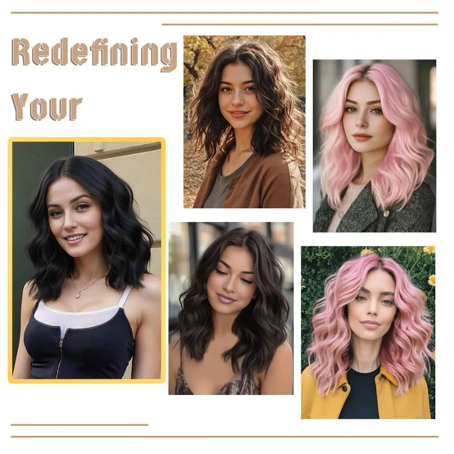 باروكة صناعية قصيرة مموجة مع دانتيل مربوط يدويًا مسبقًا للنساء خط شعر طبيعي وتصميم الجزء الأوسط 14 بوصة على طراز بوب طبيعي مع