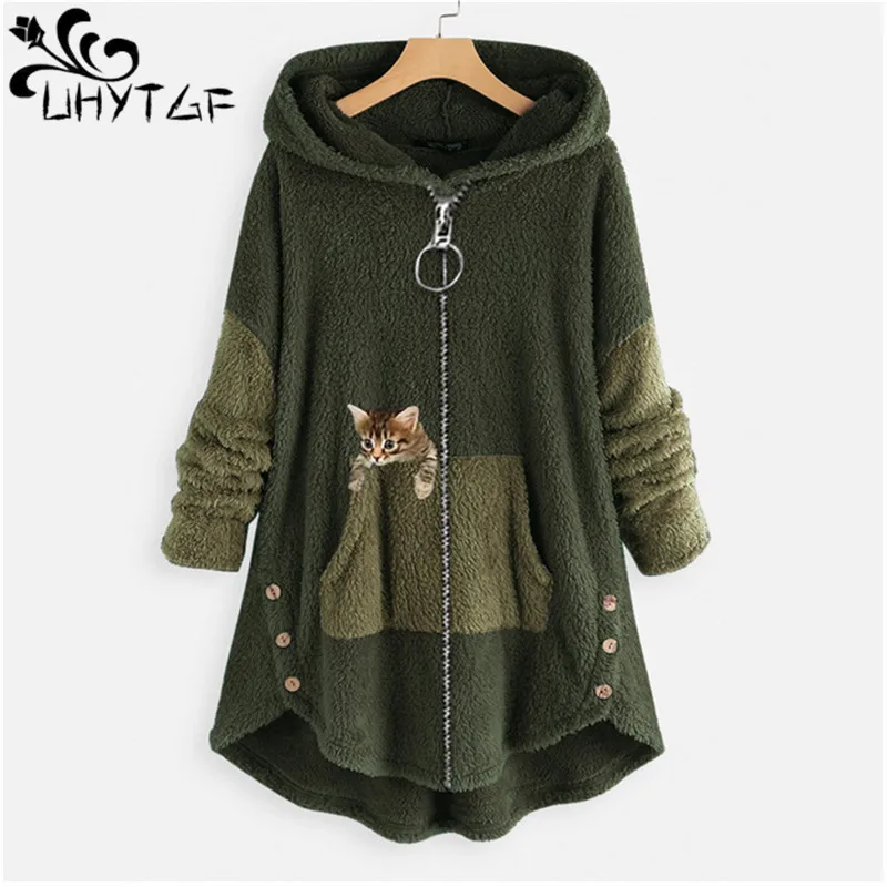 UHYTGF Wholesale Autumn Hoodies Coat Women\'s Mid-Length Hooded Casual Warm Sweatshirt Jacket Female Korean Street Outerwear 2115