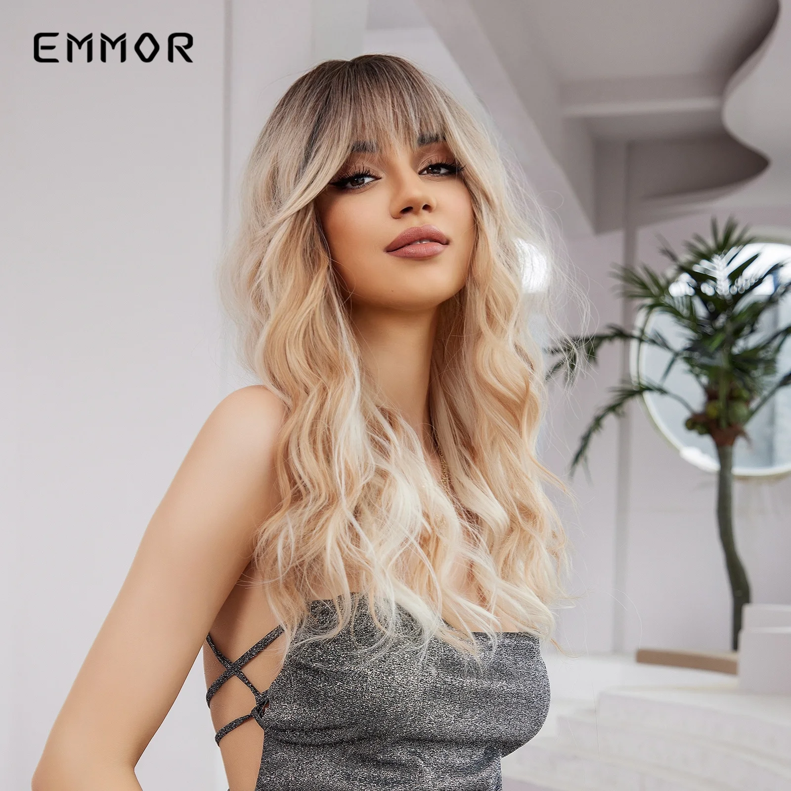 Emmor Long Wavy Blonde Synthetic Wigs Ombre Brown Daily Natural Hair Wigs With Bangs Cosplay Party for Women Heat Resistant Hair