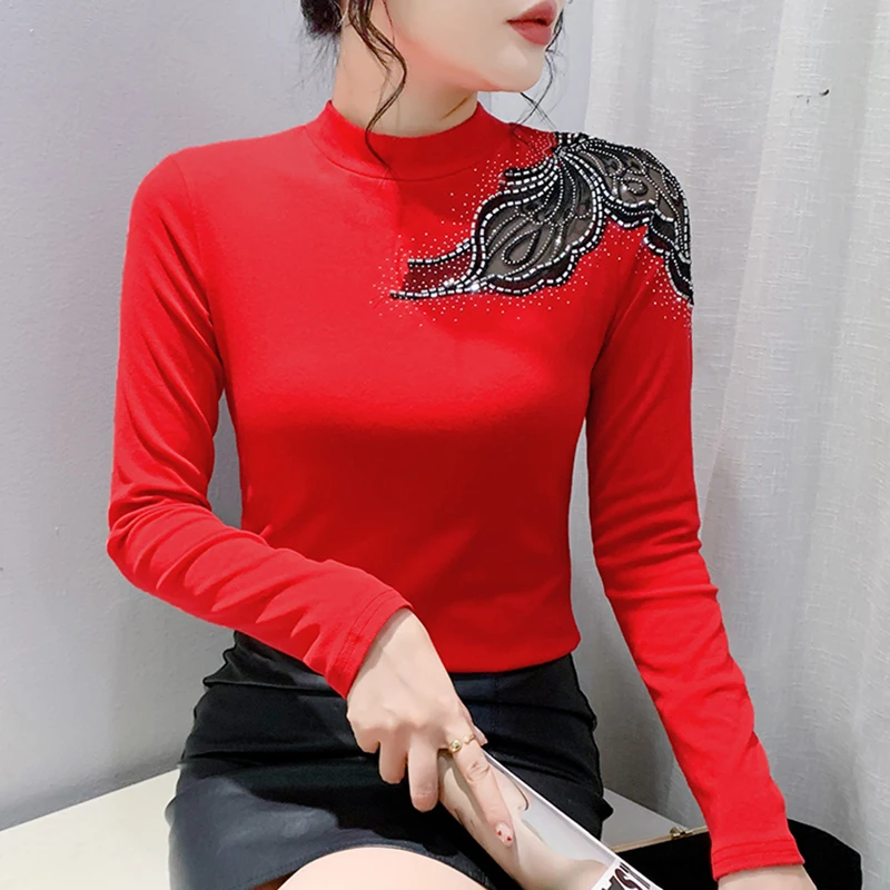 New 2026 Spring European Street Long Sleeve Round Neck Tops Fashionable Hollow Lace Hot Diamond Women Mesh T-Shirt Black Red Tee
