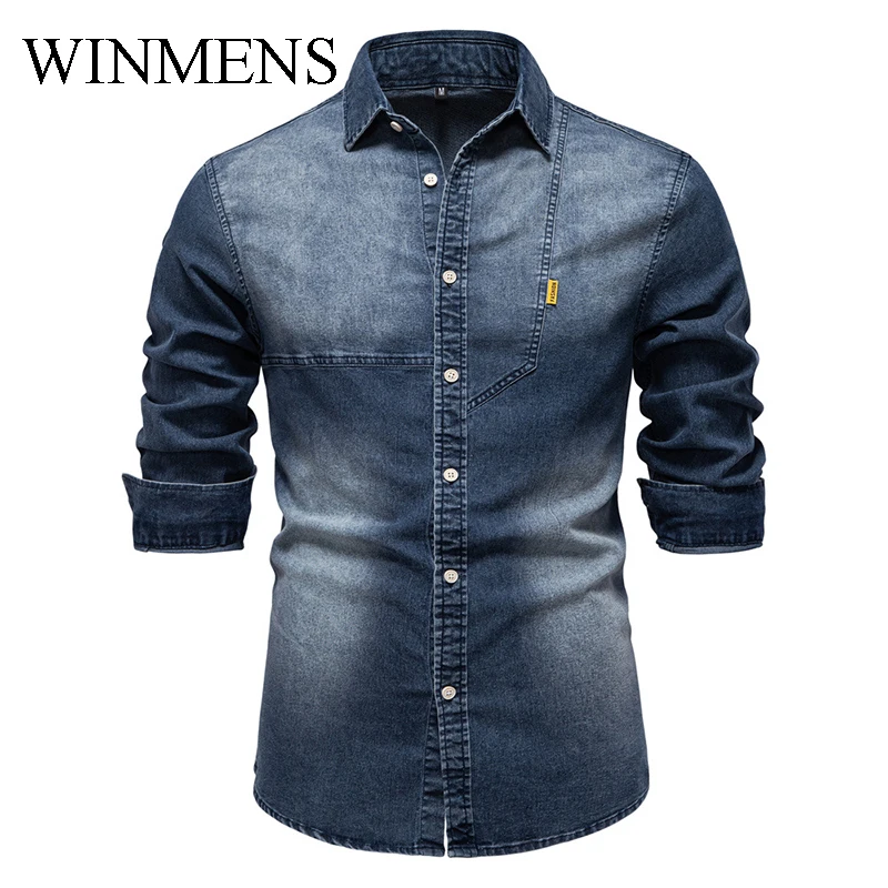 

Men's Jeans Shirt Patchwork Cotton Vintage Youth Denim Shirts Turn Down Collar Long Sleeve Spring/ Autumn Tops 3 Colors