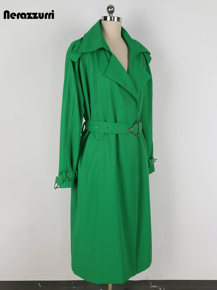 Nerazzurri Spring Autumn Chic Long Green Trench Coat for Women with Back Slit Belt Luxury Designer Clothes European Fashion 2024