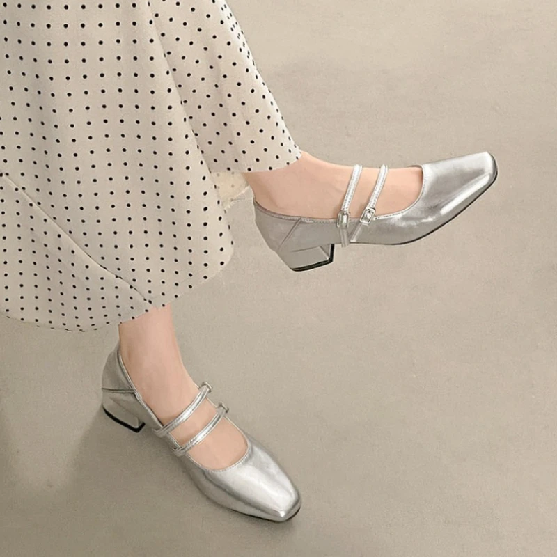 Square Toe Low Heel Women Silvery Mary Jane Shoes Fashion Elegant Belt Buckle Shoes Ladies Comfort Street Style Leather Shoes view 6