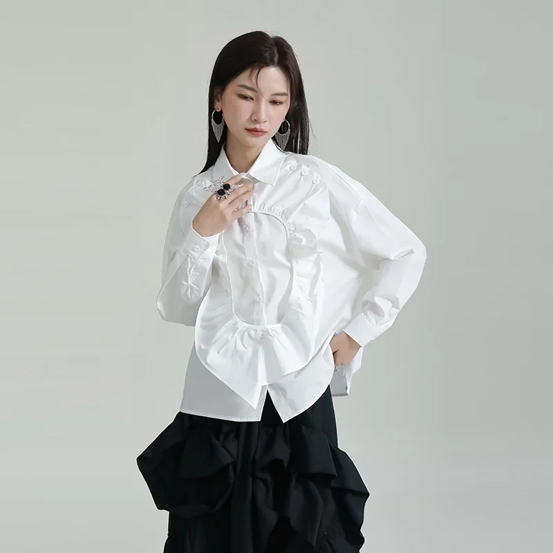 Heart-shaped Ruffles Patchwork Irregular Shirts Turn-down Collar Single Breasted Long Sleeve Blouse 2024 Fall Casual Solid Blusa