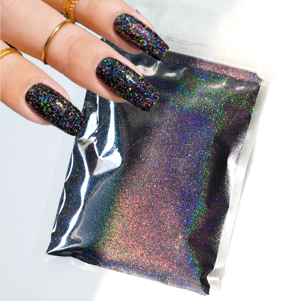 

10g/Bag Extra Fine Holographic Laser Black Nail Art Glitter Shiny Dust Iridescent Glitter For Reflective Nail Polish 0.2MM=1/128