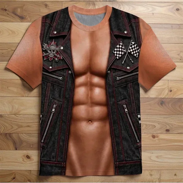 Funny Mens 3D Muscle Chest Print T Shirt Biker Vest Illusion Short Sleeve Tee Funny Streetwear Summer Casual Top Male Shirts