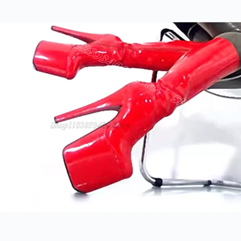 Red Platform Lace up Boots Round Toe Stiletto Performance Patent Leather Women Spring Dancing Sexy Boots Zapatos Para Mujere
