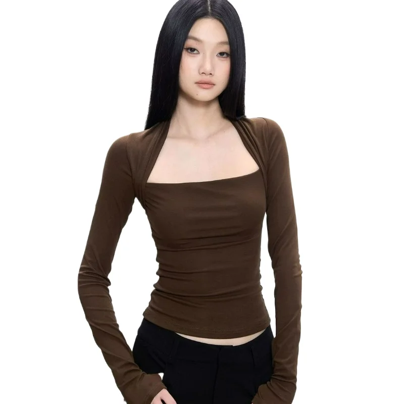 

Spicy Girl Slim Fit Low Neck Top for Women 2026 Autumn Fashion American Style Solid Color Design Sense Base Shirt Long Sleeved