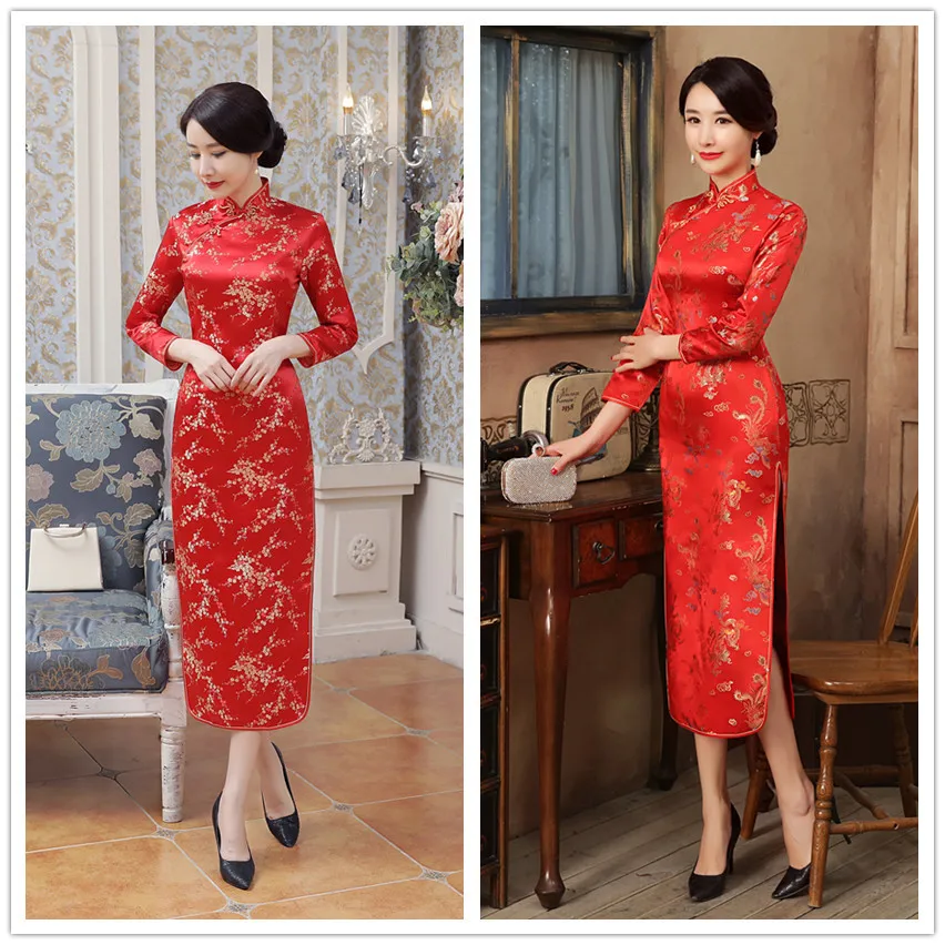 Red Traditional Chinese Women Dress Sexy Cheongsam Handmade Button Flower Long Sleeve Qipao