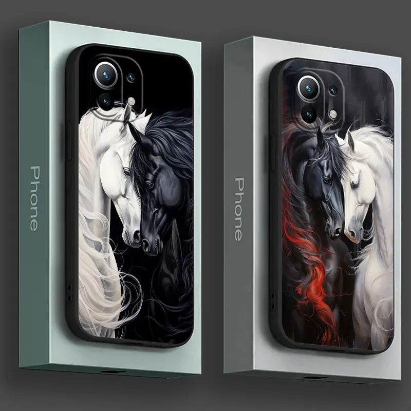 Black White Horses Galloping Phone Case For Xiaomi 14T 13T 12T 11T 14 Pro 12 Mi 11 Lite Poco X3 X4 X5 X6 M5 F5 F6 Pro Soft Cover