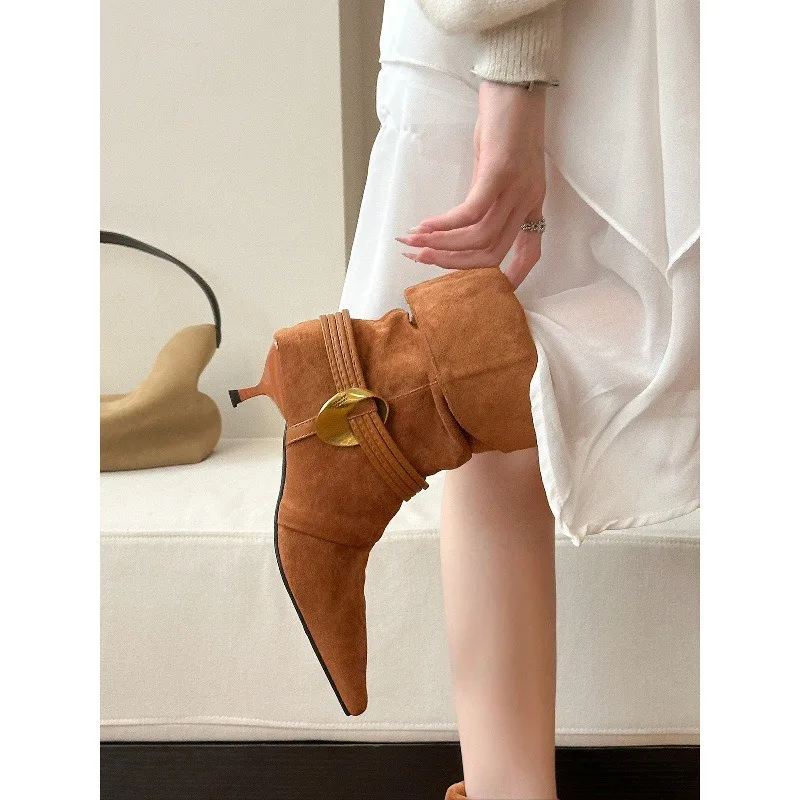 

Women's Ankle Boots Autumn Pointed Toe High Heels Shoes Woman Chelsea Boots Dress Pumps Suede Leather Mujer Zapatillas