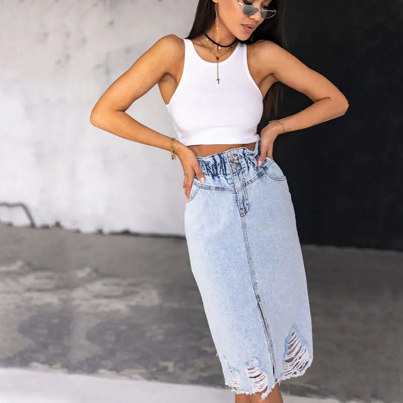 2024 Denim Midi Skirt Ripped Button Elastic Split Light-Colored Washed Denim Pencil Skirts High Waist Ripped Buttock Half-Length