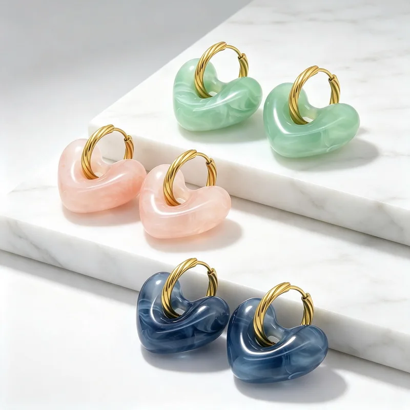 KALEN Stainless Steel Women Heart Resin Hoop Earrings Twisted Muti Color Hoops Swirl Texture Dangle Fashion Ear Jewelry
