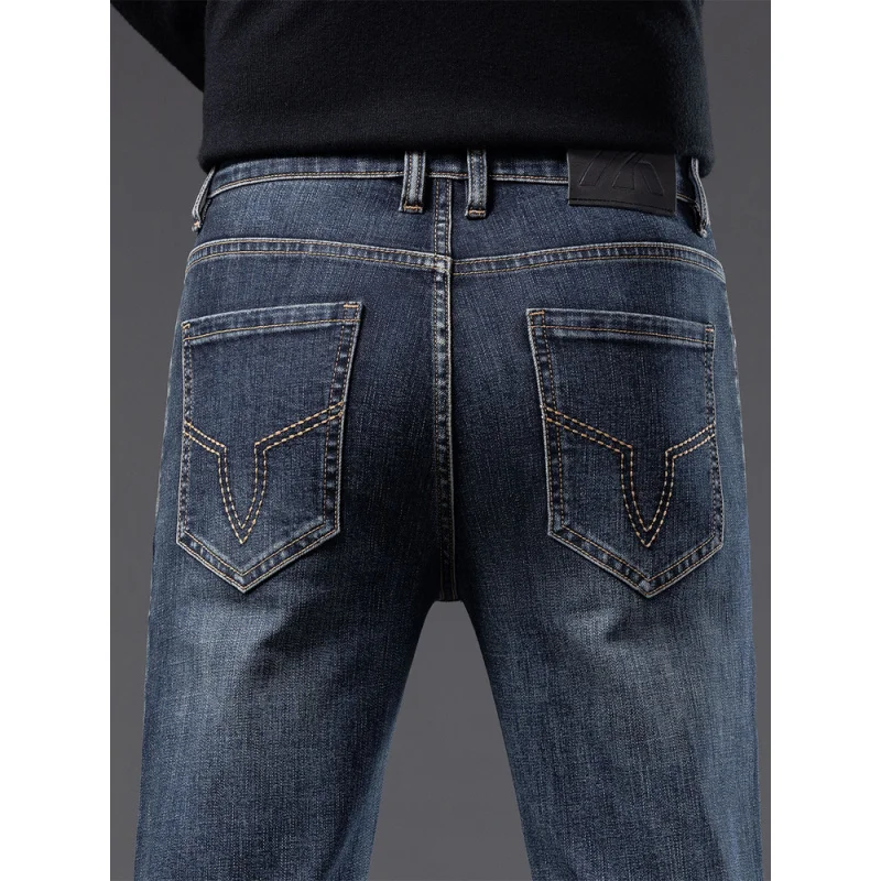 Autumn Winter Thick Middle-aged Men's Jeans Stretch Slim Straight Versatile Business Casual Pants