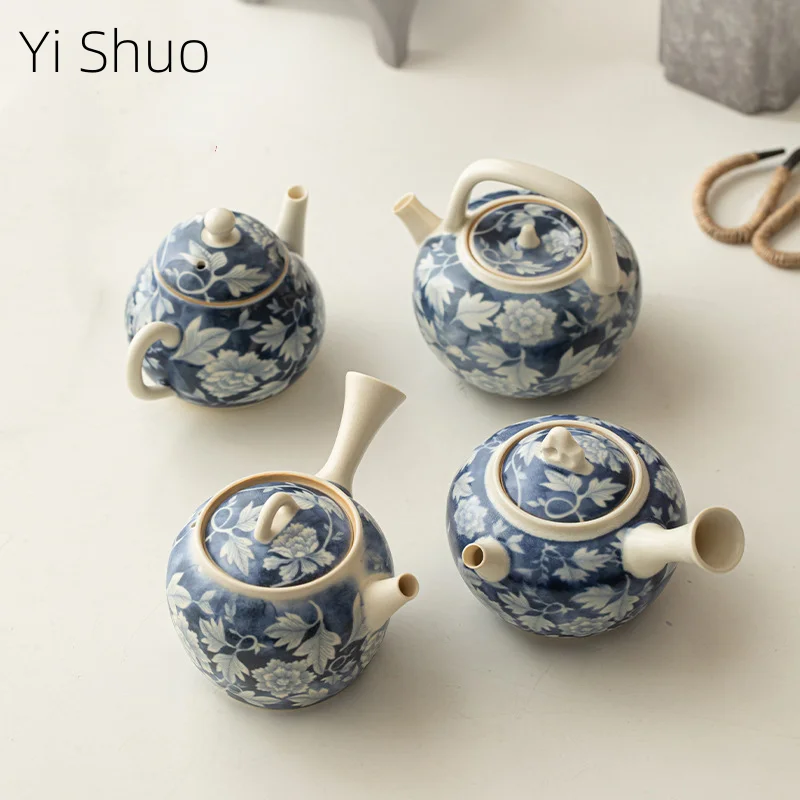 Soda Glaze Yuanqinghua Teapot Ceramic Single Pot Side Handle Pot Handle Pot Open Slice Tea Kettle