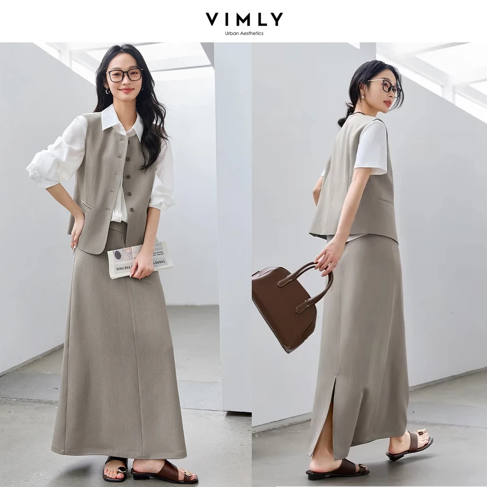 VIMLY Women Office Lady 2 PCS Set 2025 Spring Simple Sleeveless Cardigan Vest+Straight A-Line Split Skirt Casual Loose Outfits