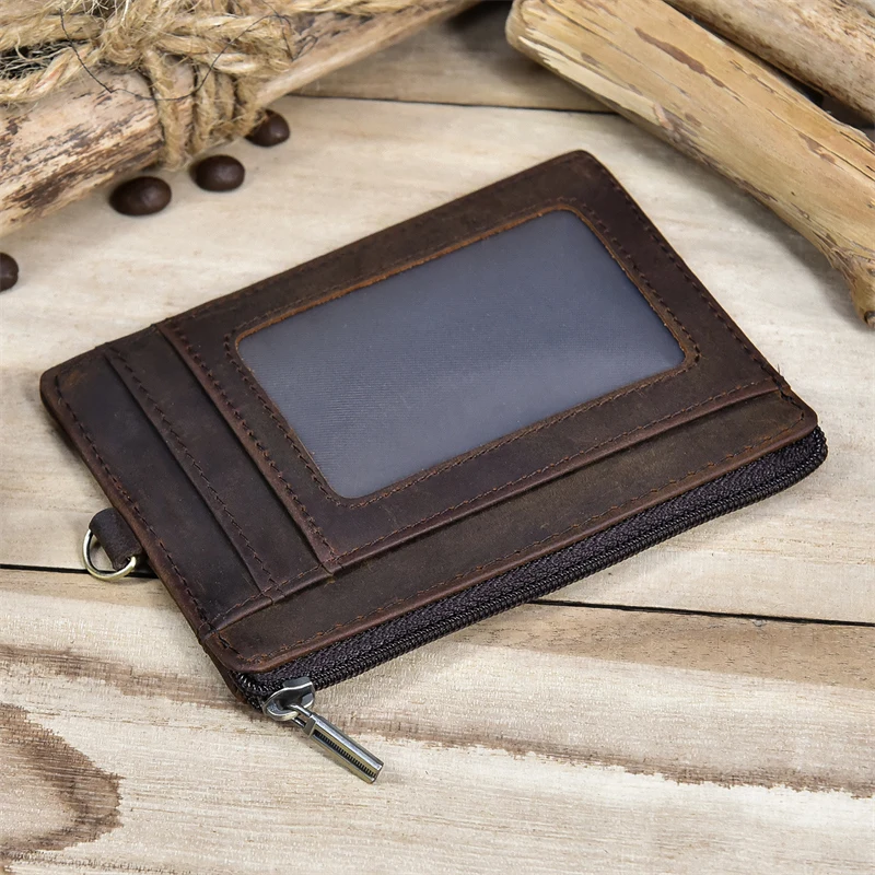 Genuine Leather Card Purse Men Women ID Credit Zipper Mini Coin Purse Wallet With iron Key Chains Men\'s Small Wallet For Tickets