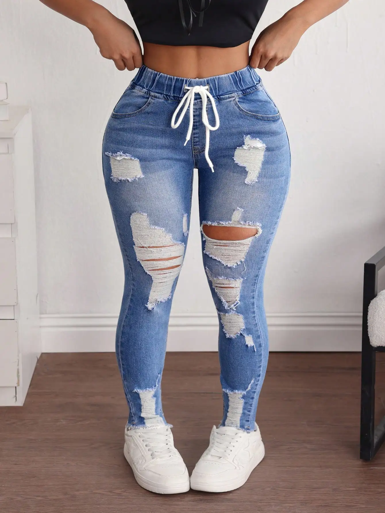 

Женские джинсы с высокой талией, на шнурке, с эффектом потертости, облегающие, с карманами, повседневные, из денима