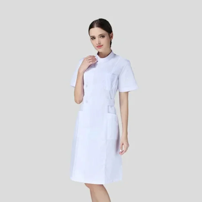 Bata de laboratorio blanca de manga corta para enfermera, uniforme médico fino de verano para mujer MN10