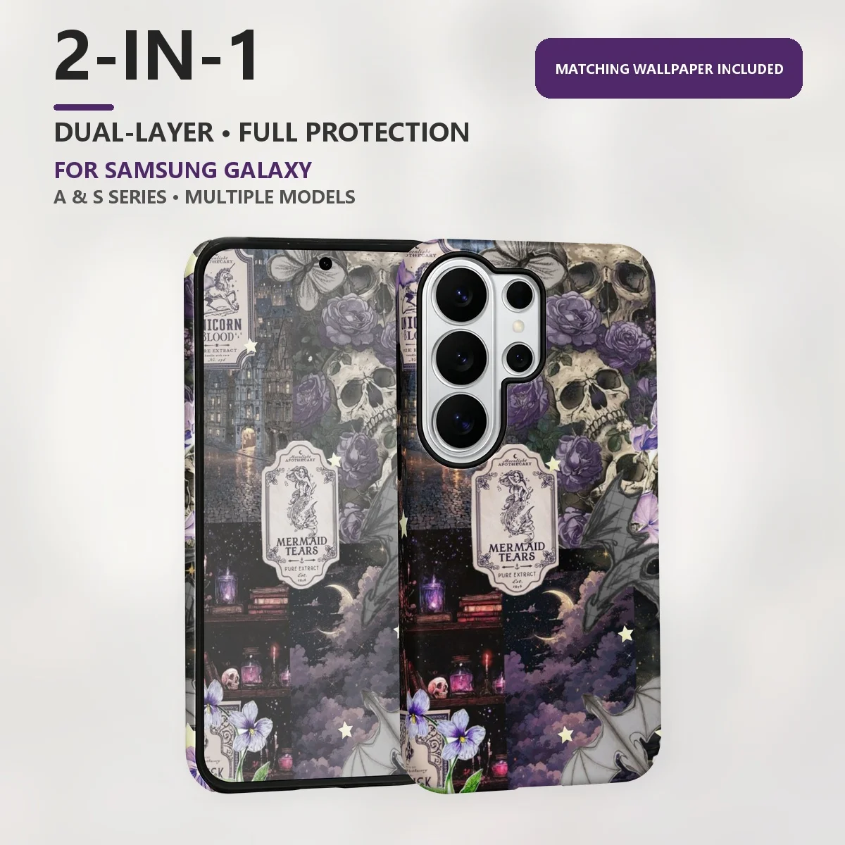 Gothic Skull Roses 2-in-1 Dual-Layer Phone Case for Samsung Galaxy S26 S25 S24 S23 S22 S21 Plus Ultra FE S20 FE A56 A17 A16 A15