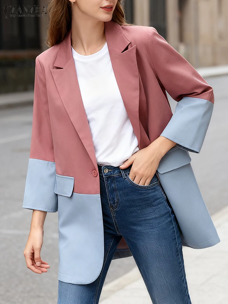 

Women Suits Coats ZANZEA Elegant OL Blazer 3/4 Sleeve Casual Color Patchwork Fashion 2025 Autumn Streetwear Button Outercoats