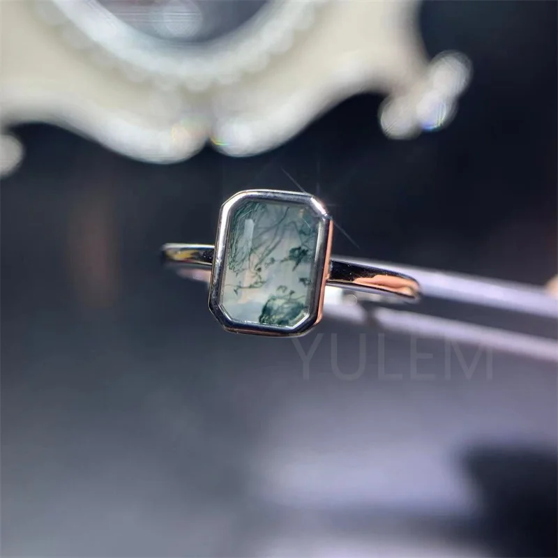 YULEM Simple 2022 New Boutique Jewelry Ring 925 Silver Natural Moss Agate Square Open-loop Women\'s Simple Ring