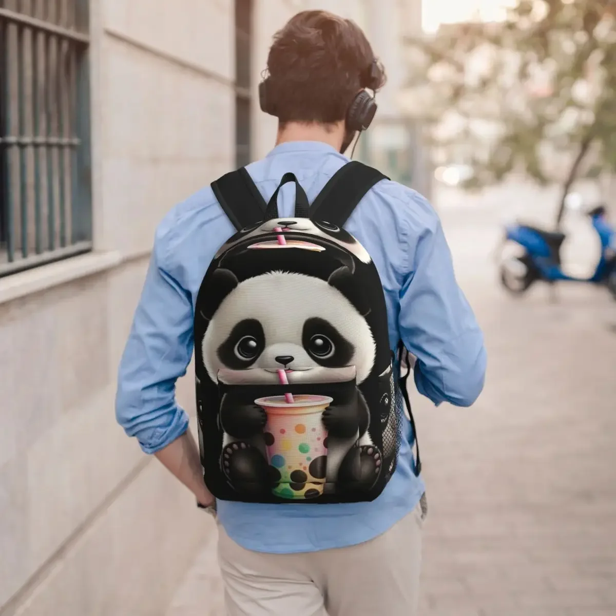 Adorable Panda Drink Milk Tea Theme Backpack Student BookBag Children School Bag Computer Shoulder Bags for Men Women