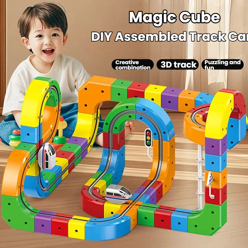 

DIY Rail Car Toy Set for Kids Versatile with Traffic Signs Race Car Boys Girls STEM Education Christmas Birthday Gift