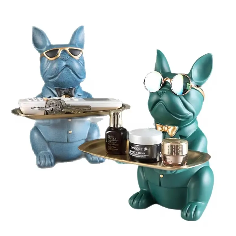 

ERMAKOVA Nordic French Bulldog Sculpture Dog Figurine Statue Key Jewelry Storage Table Decoration Gift With Plate Glasses