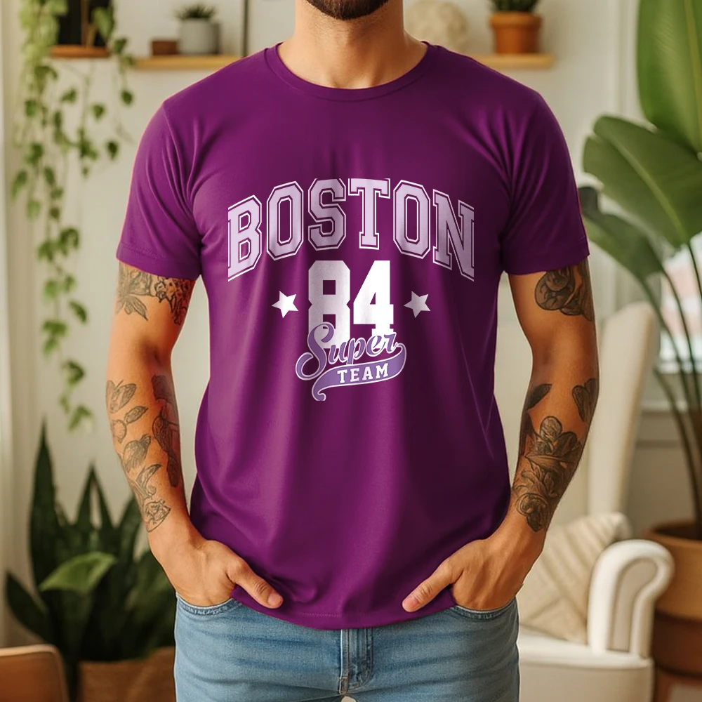 Mens 100% Cotton T Shirt Boston Super Team Curved Varsity Letter Print Breathable Short Sleeve Casual Daily Tee