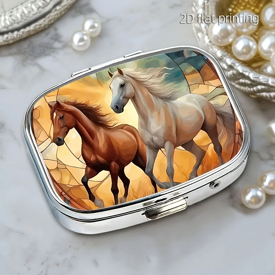 1 Portable Double-Compartment Travel Storage Box - Pill and Medication Organizer with Galloping Horse Design - Plastic and Metal Box, Suitable for Storing Vitamins, Jewelry, Earrings, Etc. - Galloping Horse Design, Ideal for Travel and Outdoor Activities