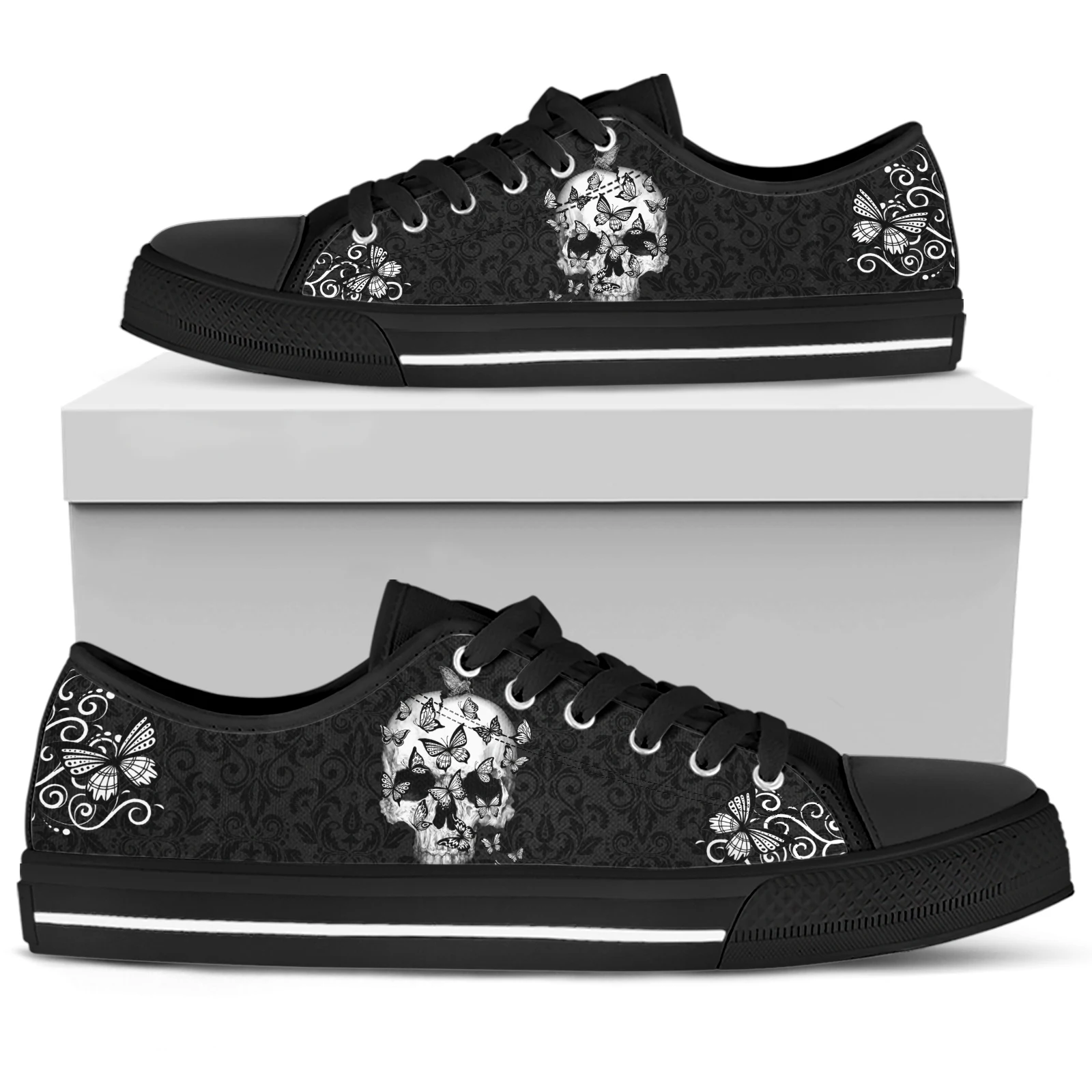 ELVISWORDS Black Gothic Skull Design Brand Canvas Shoes Butterfly Skull Print Lace-Up Flats Skull Casual Sneakers Chaussure