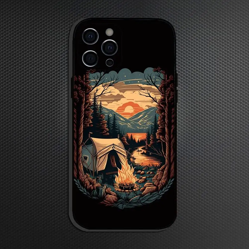 Nature Outdoor キャンプ用iPhoneケース iPhone 16,15,14,13,12,11 Plus,Pro Max,その他対応 ソフトブラックカバー