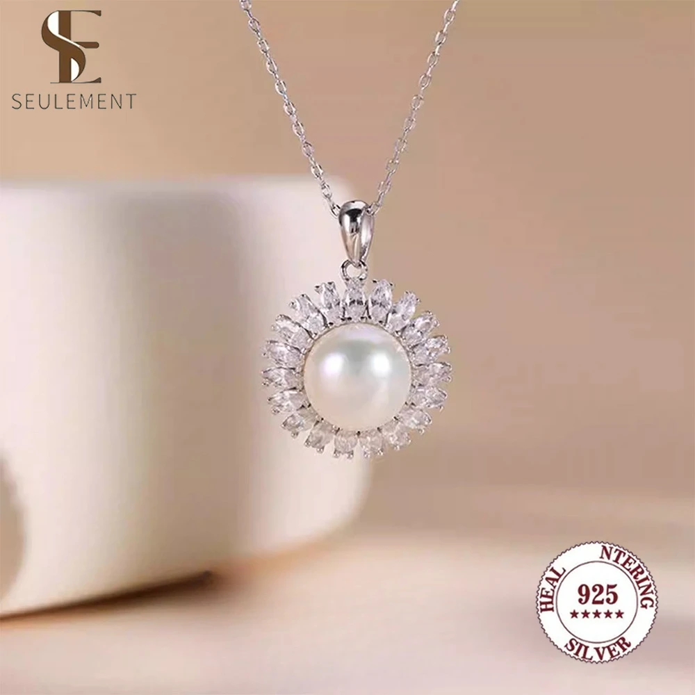 

Ожерелье Seulement S925 с подвеской из пресноводного натурального жемчуга и сверкающим цирконом, элегантный дизайн подсолнуха, идеально подходящий для женщин