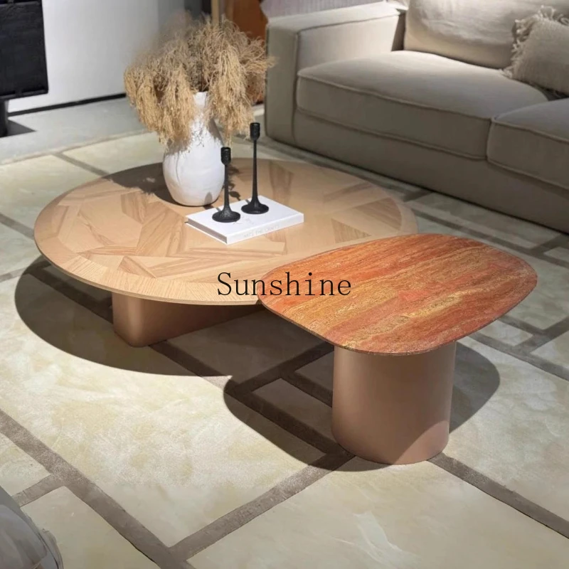 

Large and small apartment medium-ancient style solid wood simple natural marble coffee table