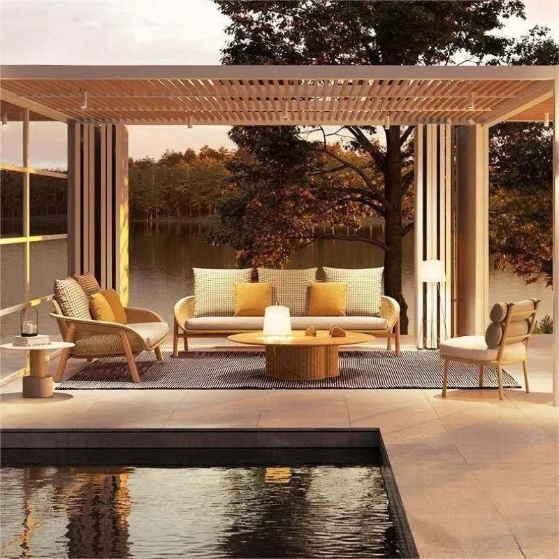 โซฟากลางแจ้งหรูหราไม้โซฟาลานโรงแรมไม้สักชุดเฟอร์นิเจอร์สวน