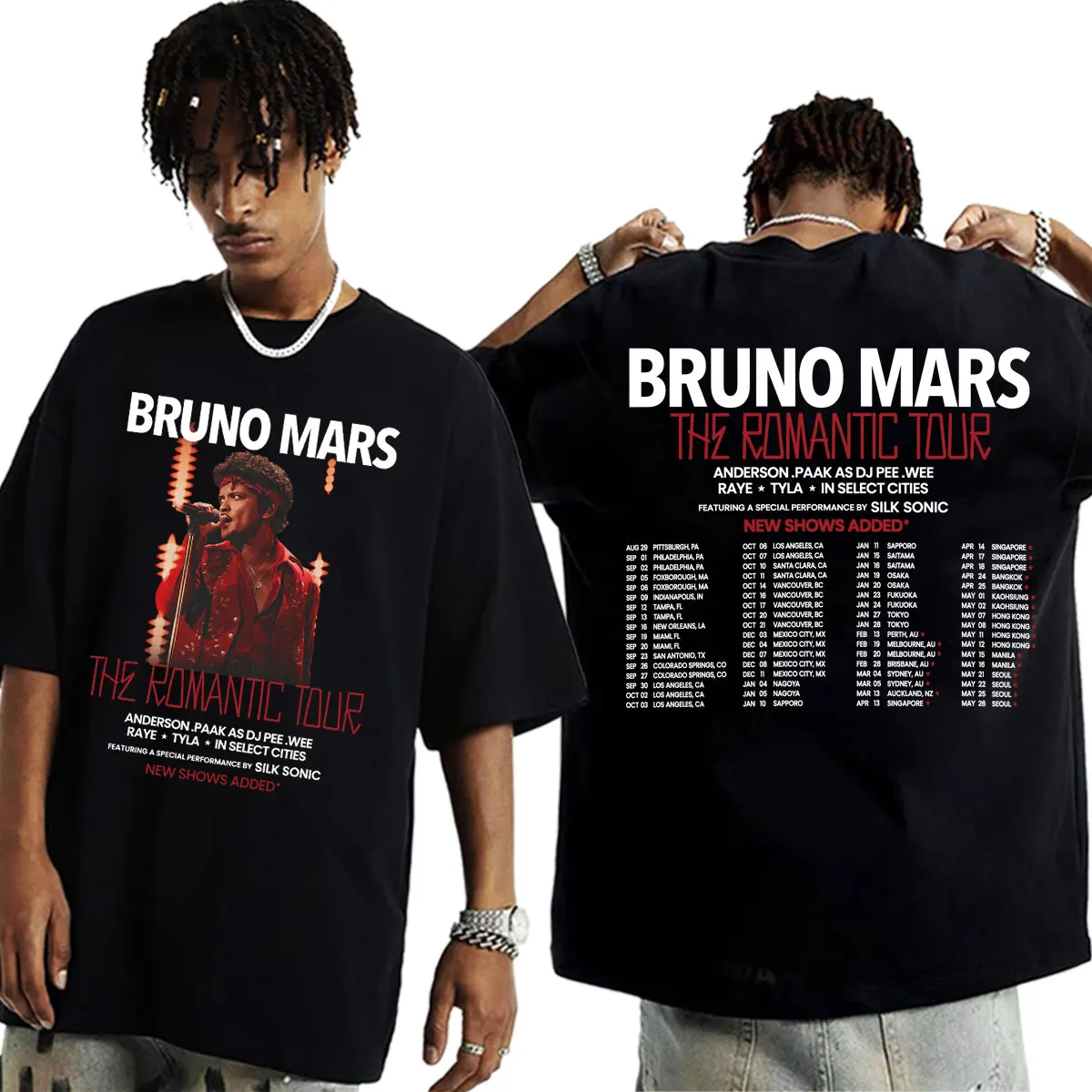 Sänger Bruno Mars The Romantic Tour 2026 Merch T-Shirt für Männer und Frauen, Modisches Retro-Kurzarm-T-Shirt, 100% Baumwolle, Oversized T-Shirt – Detail 2