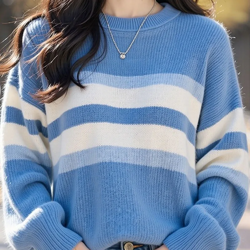 Maglione lavorato a maglia Donna Pullover Nuova manica lunga O-Collo Maglione lavorato a maglia a righe Pullover Donna Top Maglioni Sueters De Mujer Q1370