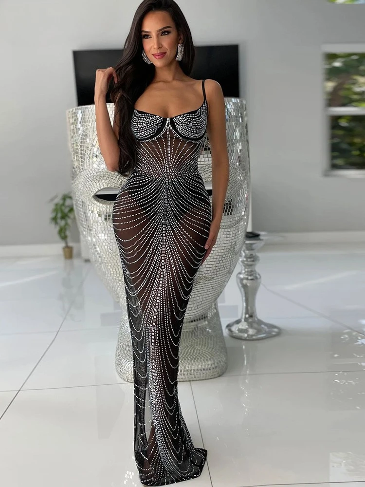 Sexy Steentjes Crystal Mesh Back Split Maxi Jurk Vrouwen Mouwloze Band Doorschijnende Lange Jurk Verjaardag Clubkleding Outfits