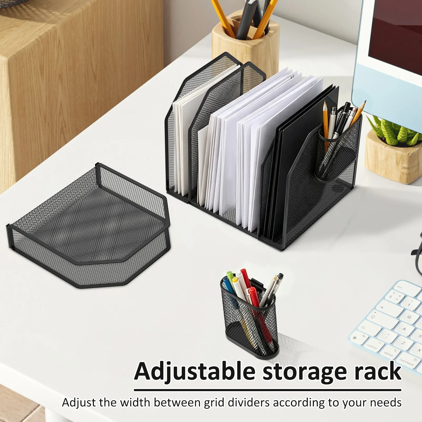5/7-Slot File Folder Organizer Metal Vertical File Holder Stand with 2 Pen Holders Adjustable Office Desktop Storage Rack