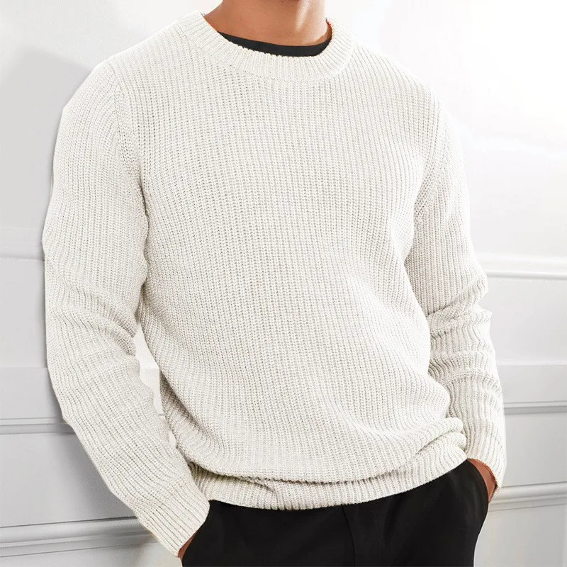 2024 New Autumn and Winter Casual Pullover Men\'s Solid Color Long-sleeved Base Sweater Slim  Knitted sweater White Round Neck