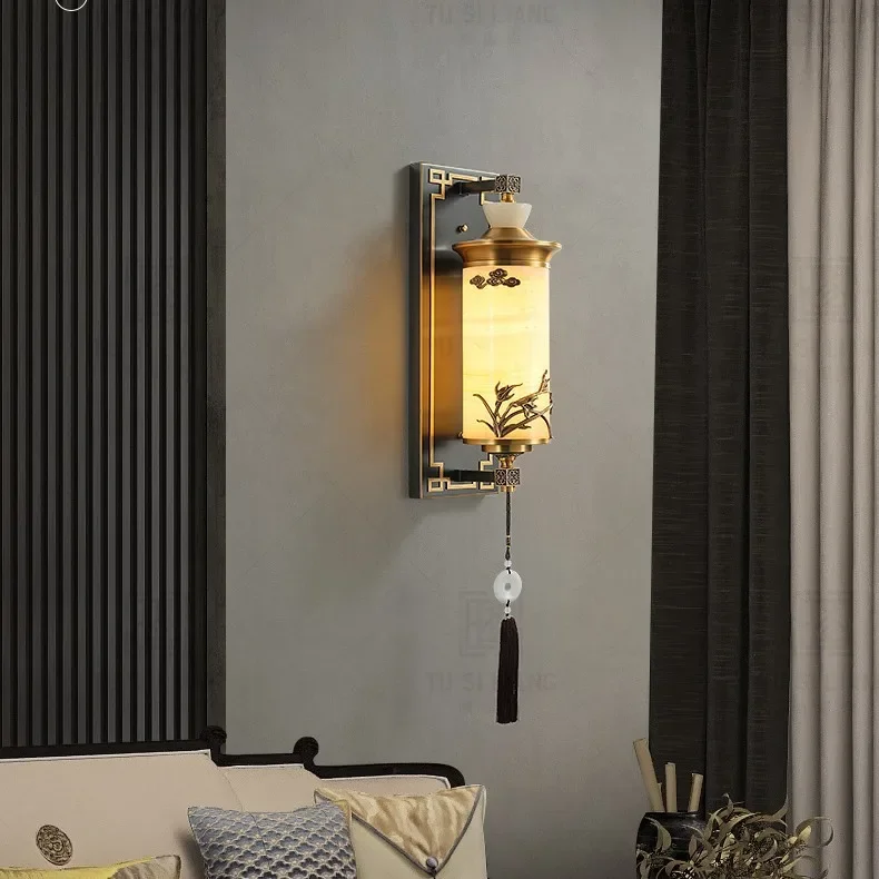 Jade neue chinesische Wandlampe, neuer ganz aus Kupfer im chinesischen Stil, Wohnzimmer-Zen-Nachttischlampe, Veranda-Gang