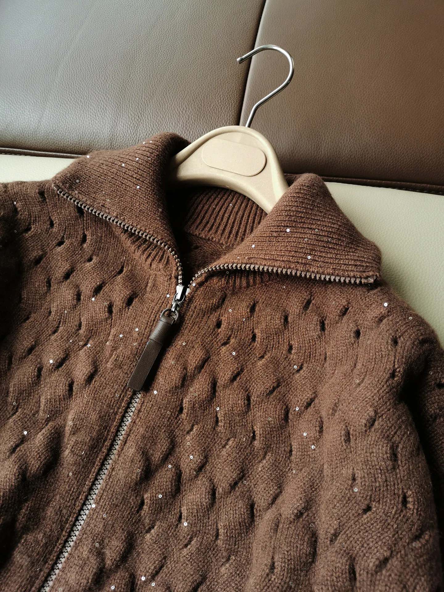 Autumn Winter Wool Cashmere Hollow Sequin High-neck Zipper Knitted Cardigan Women's Loose Jacket