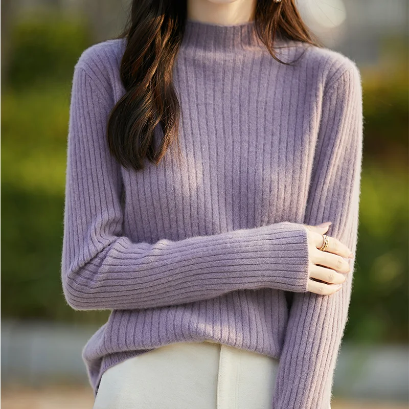 

Long Sleeved Half Height Wool Sweater For Women In Autumn Winter warm And Soft Solid Color Pullover Solid Color Basic Knit Top