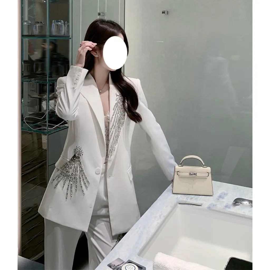 

Women's Elegant White Beaded Rhinestone Suit Jacket Top French Style Heavy Work Socialite Look for Special Occasions
