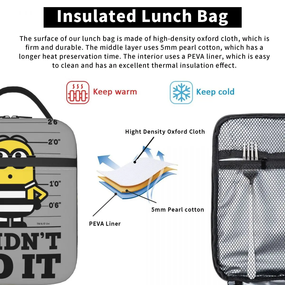 Minions Dave Insulated Lunch Bag Cooler Bag ReusableLunch Container I Didn\'t Do It High Capacity Tote Lunch Box Beach Travel